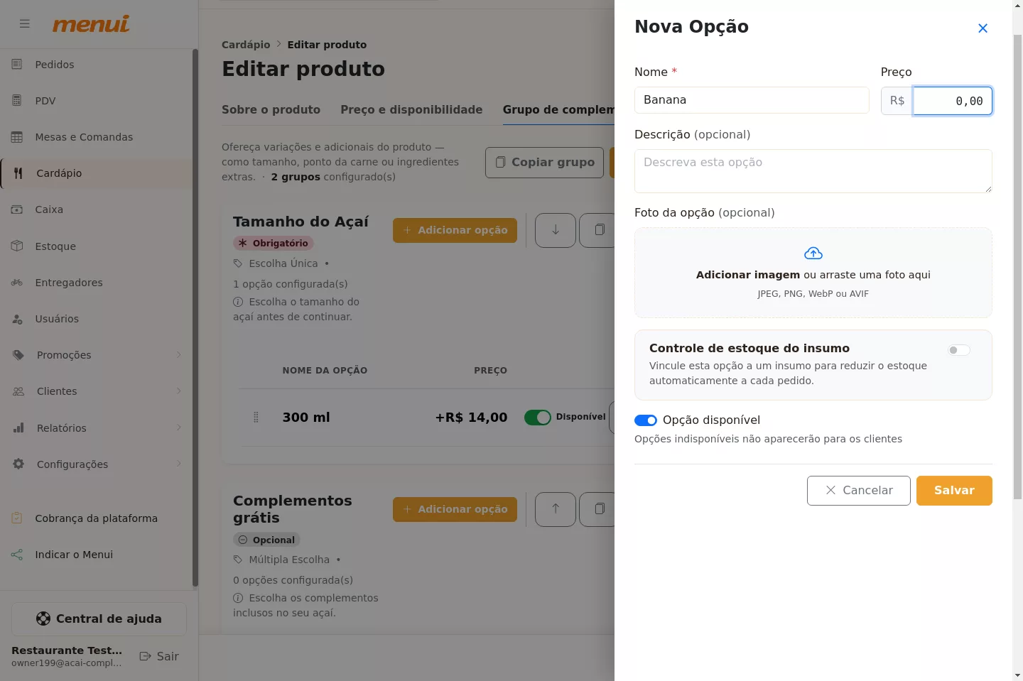 Cadastro da opção de complemento grátis do Açaí no Menui