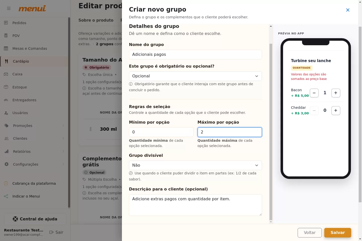 Configuração do grupo de adicionais pagos do Açaí no Menui