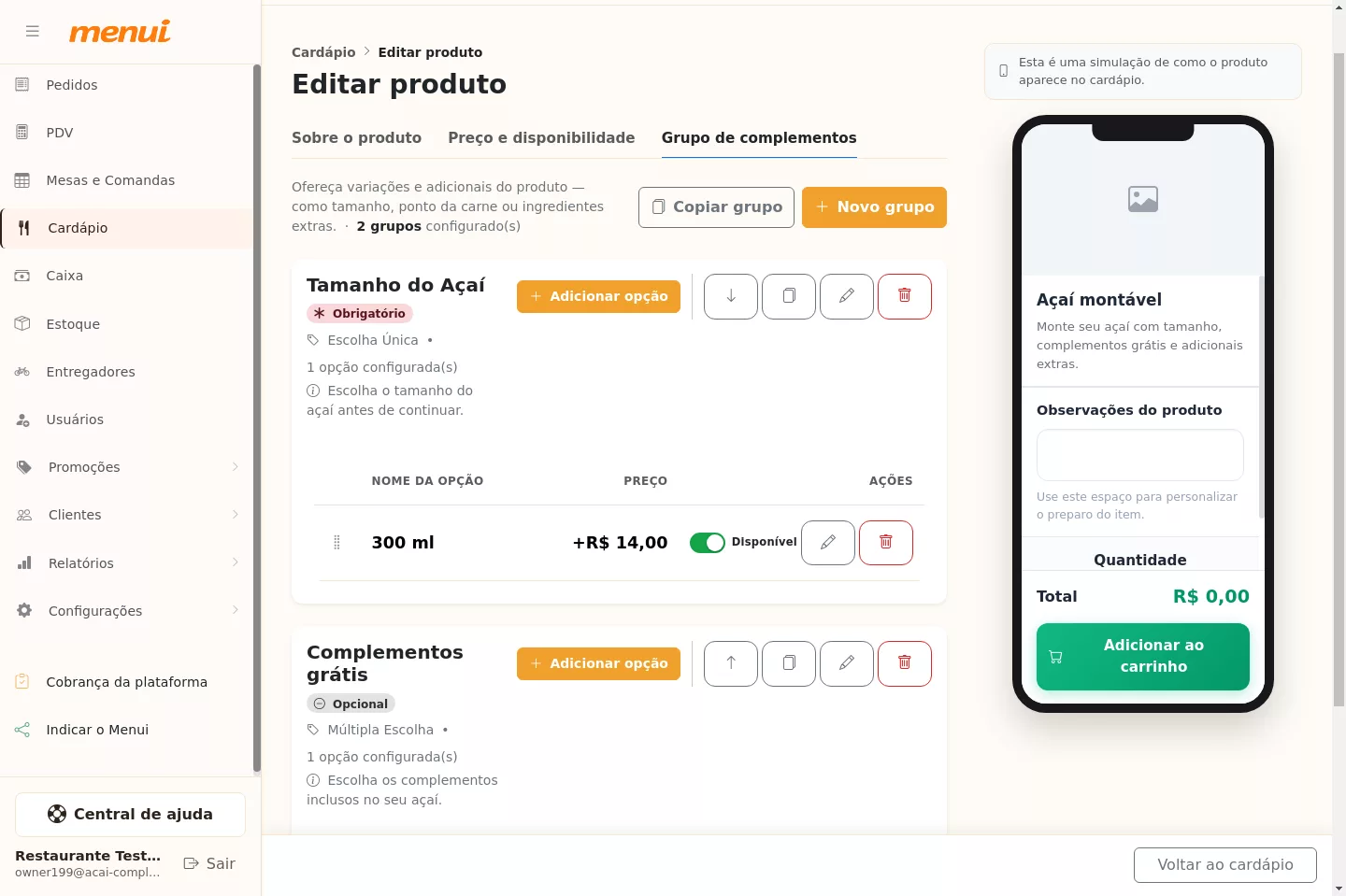 Grupo de complementos grátis com a primeira opção criada no Menui