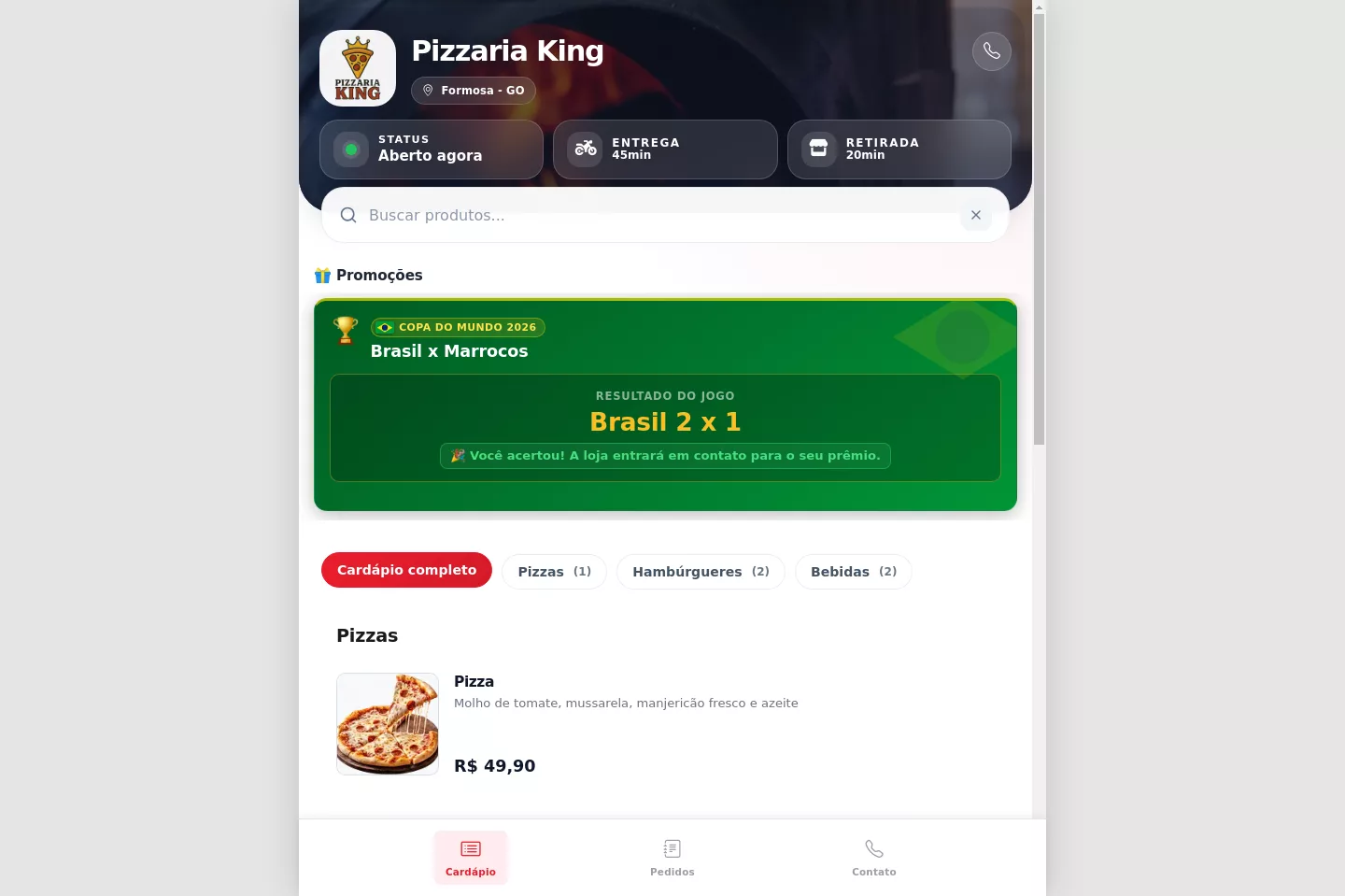 Resultado exibido para o cliente
