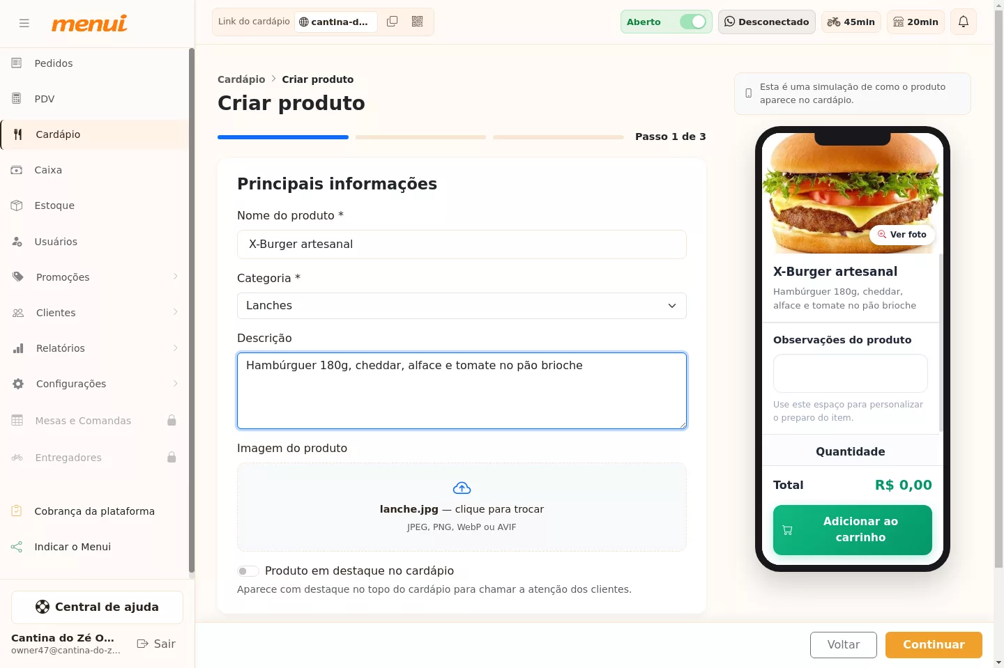 Cadastro de um produto no cardápio