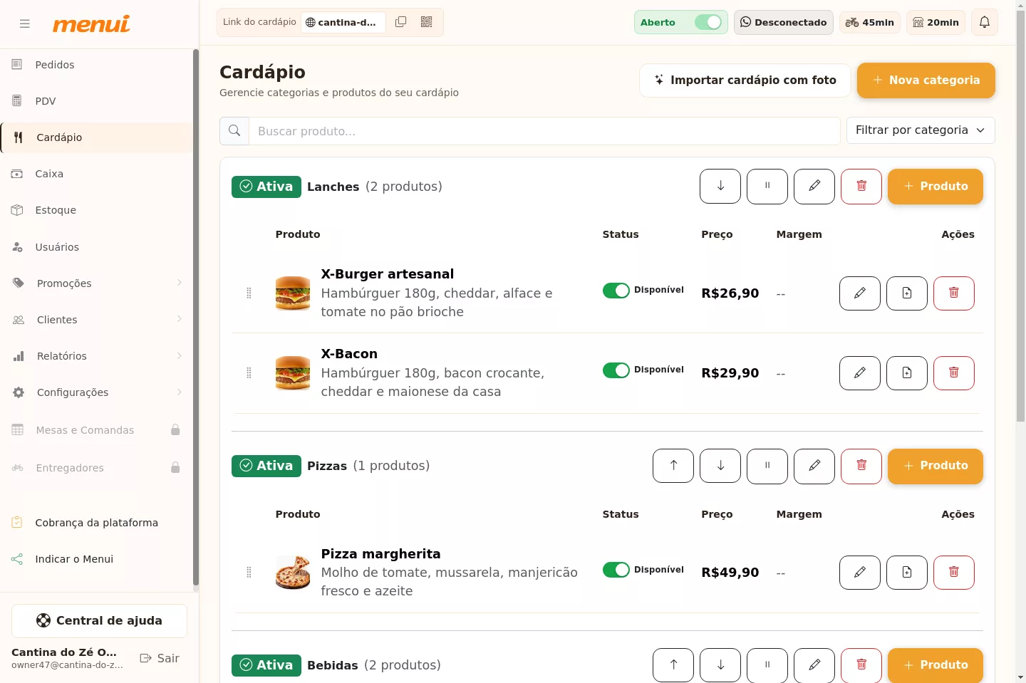 Tela de gerenciamento do cardápio