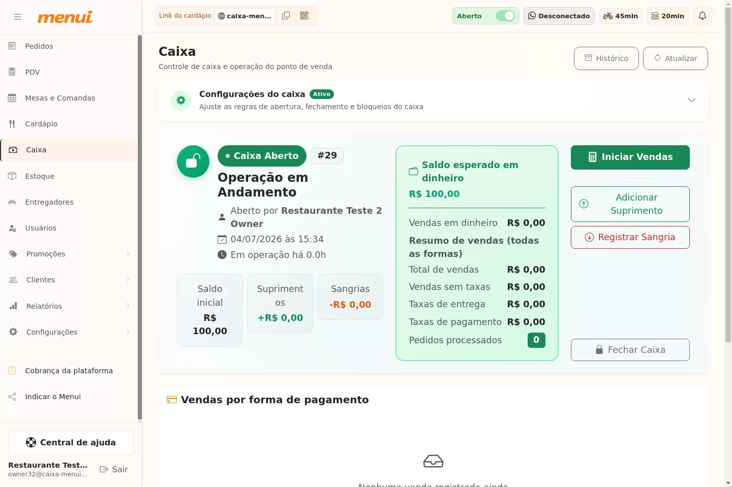 Painel do caixa aberto no Menui