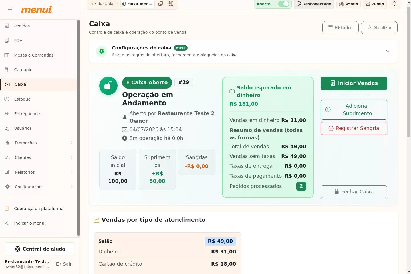 Resumo financeiro do caixa no Menui