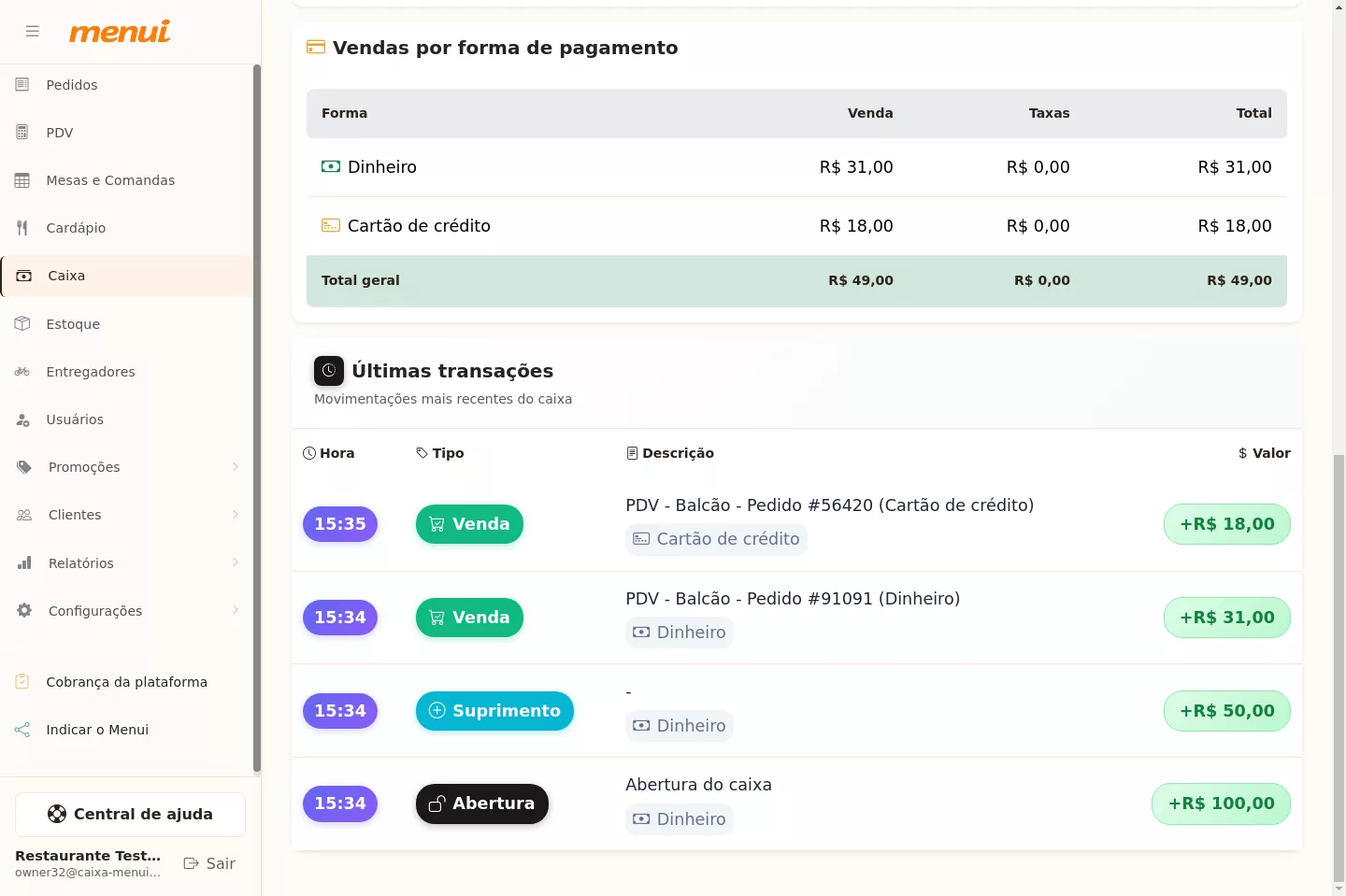 Últimas transações do caixa no Menui