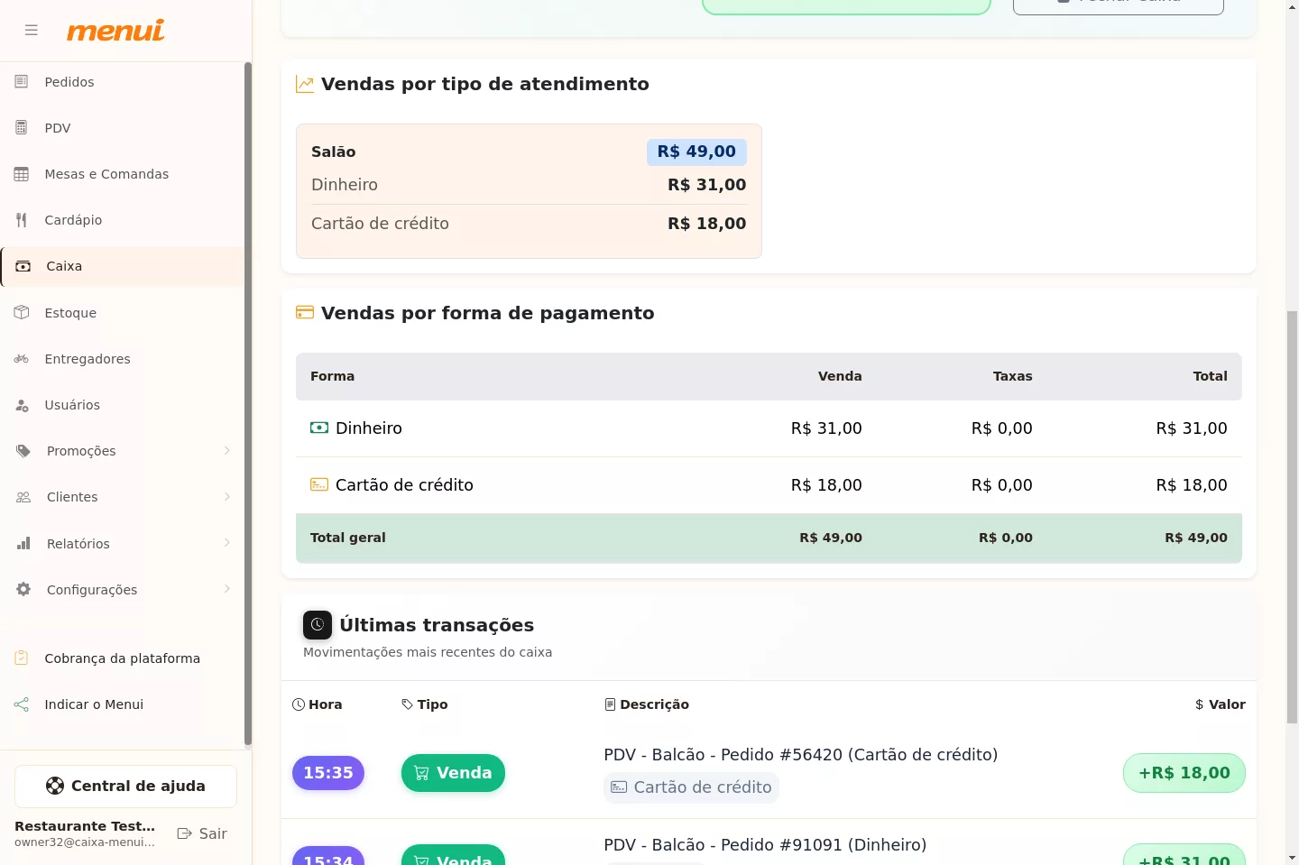 Vendas por forma de pagamento no caixa do Menui