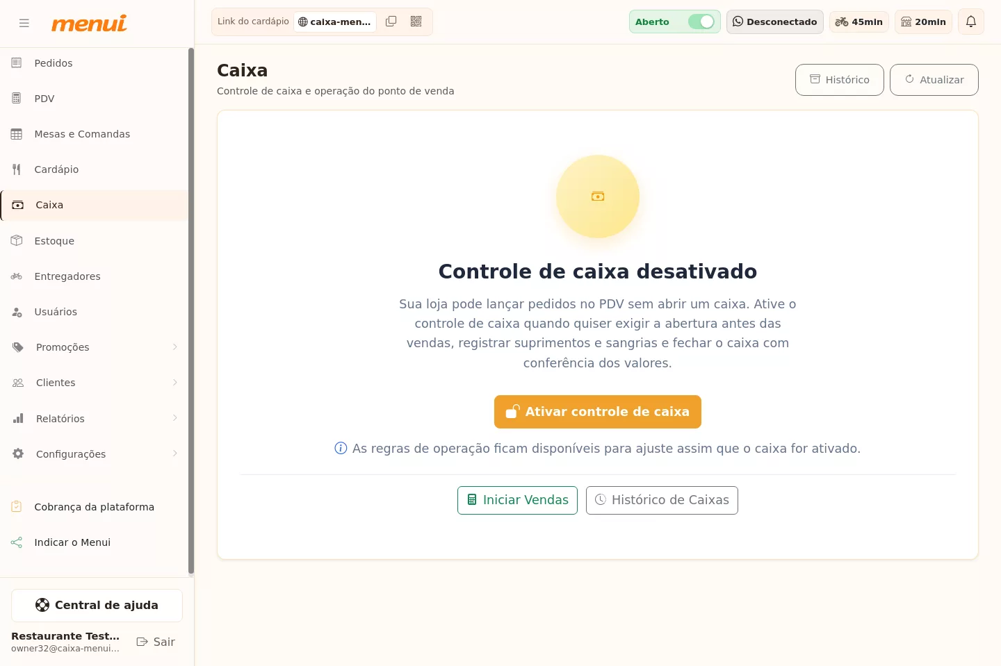 Tela de ativação do controle de caixa no Menui