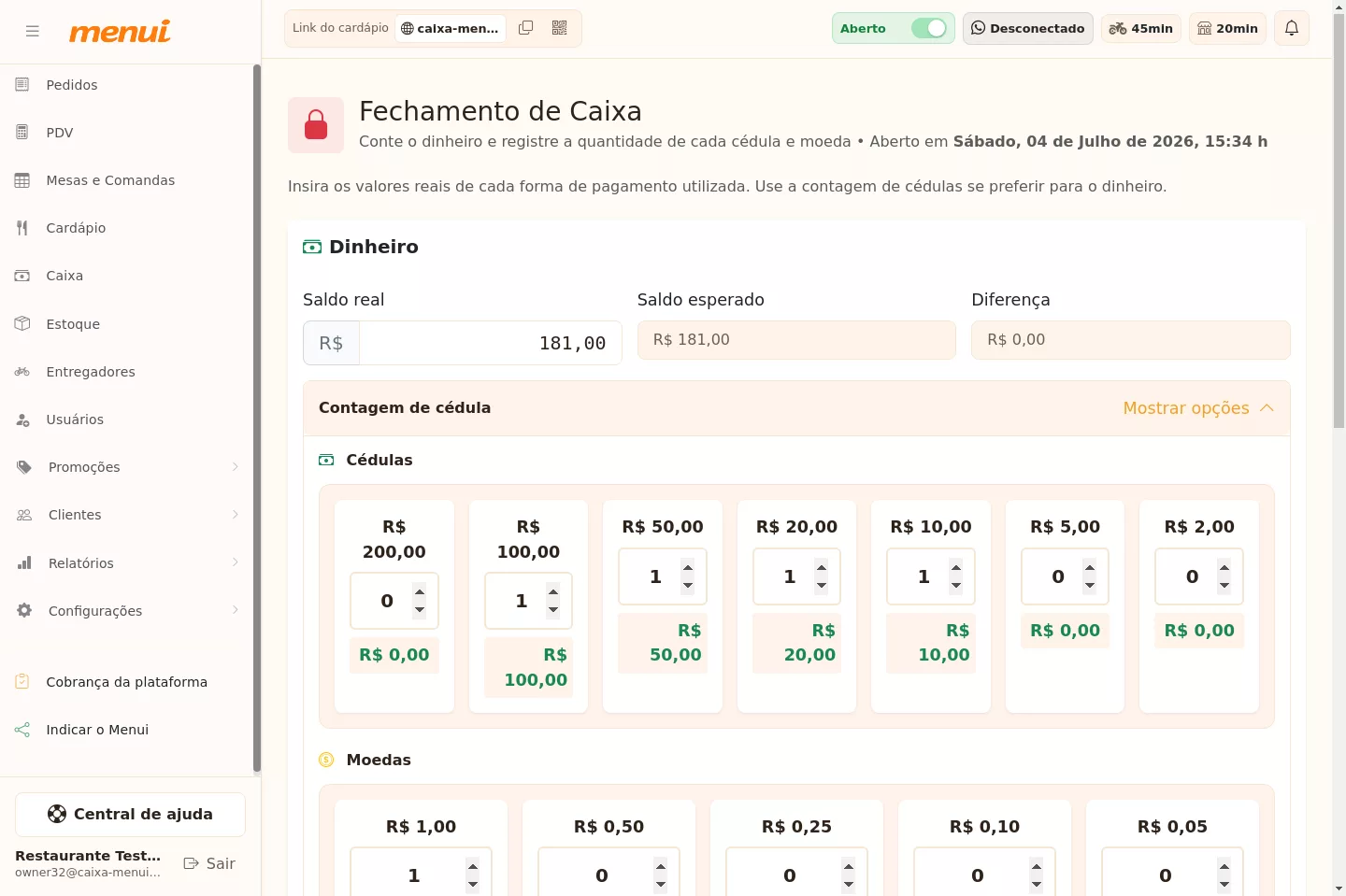 Tela de fechamento do caixa no Menui