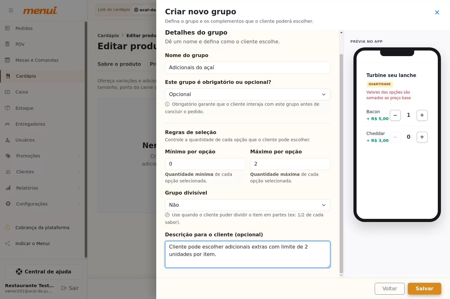 Detalhes do grupo de adicionais do Açaí no Menui