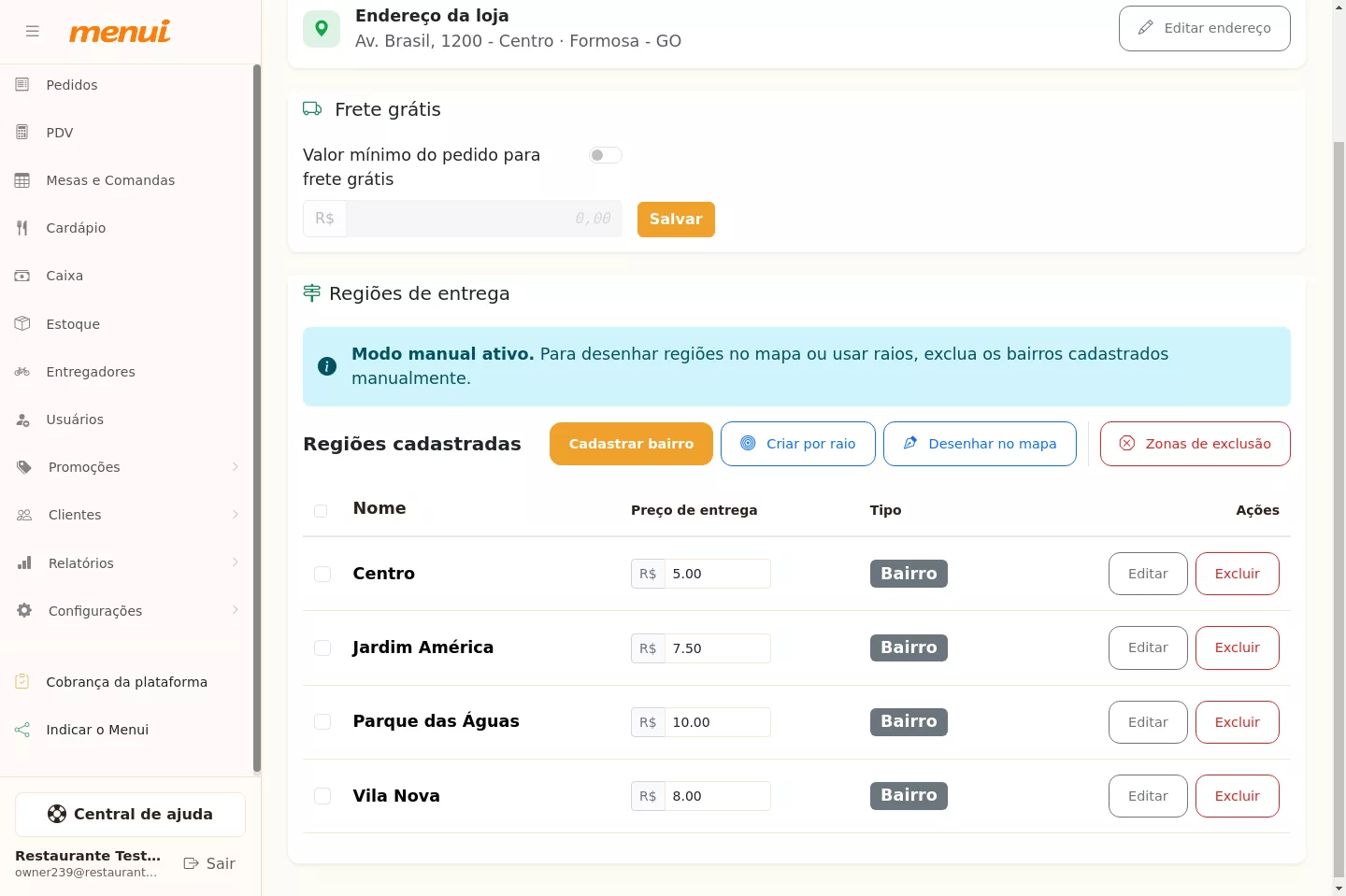 Lista de regiões cadastradas no Menui