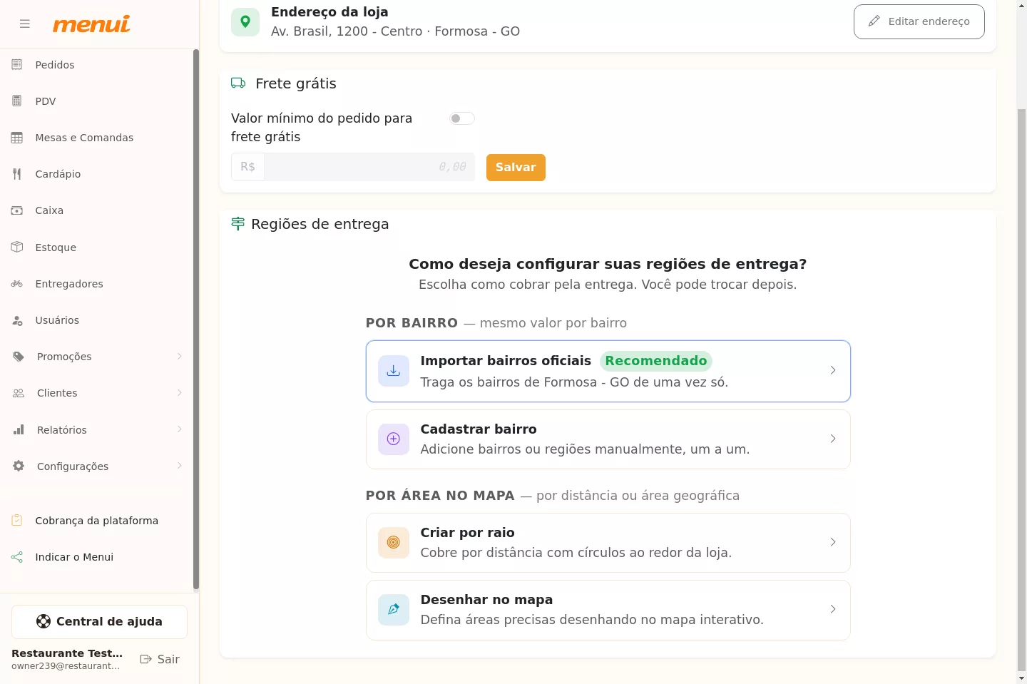 Opções de configuração das regiões de entrega no Menui
