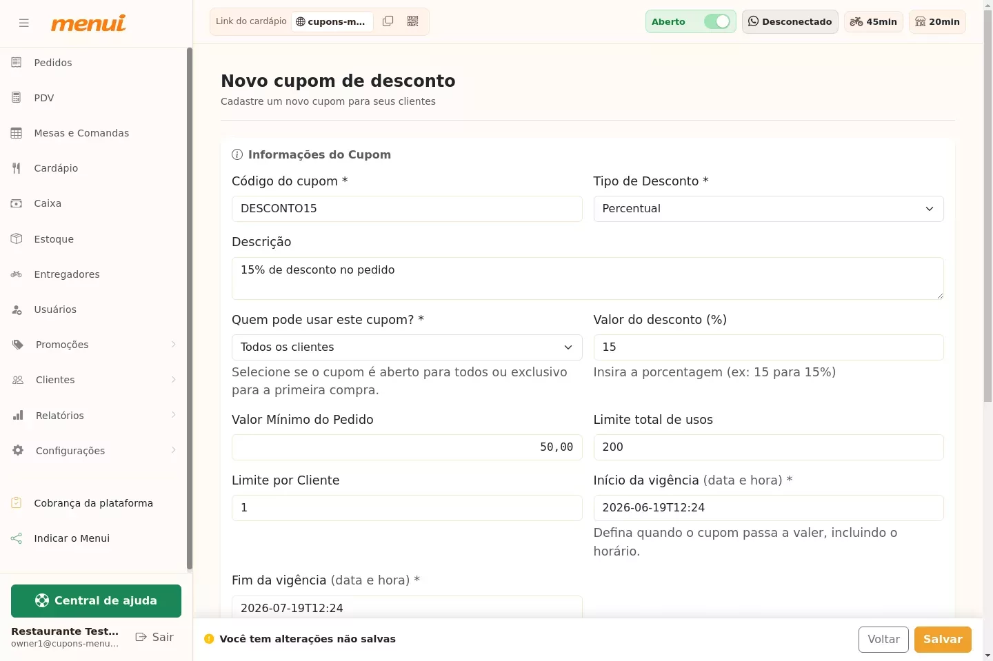 Formulário de criação de cupom no Menui