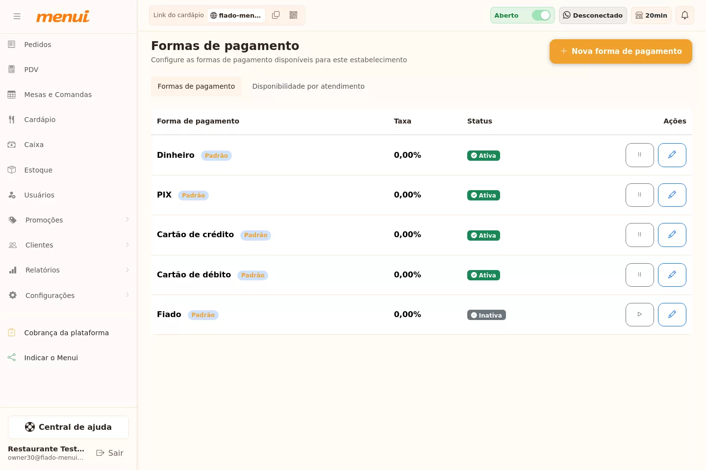 Ativação da forma de pagamento Fiado no Menui