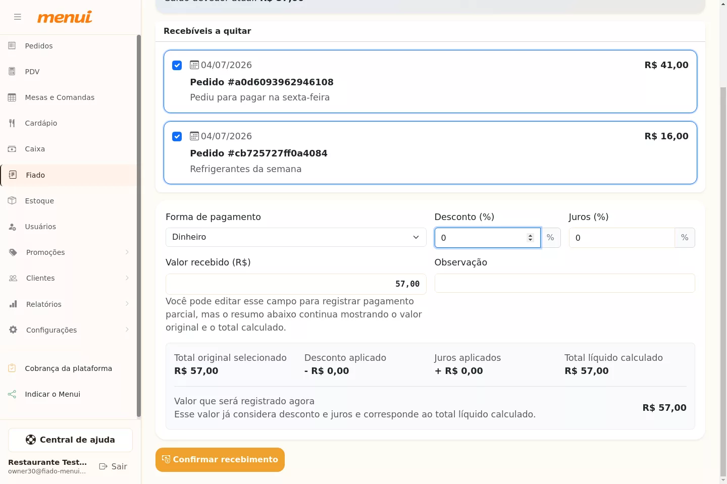 Formulário de confirmação do recebimento do Fiado no Menui