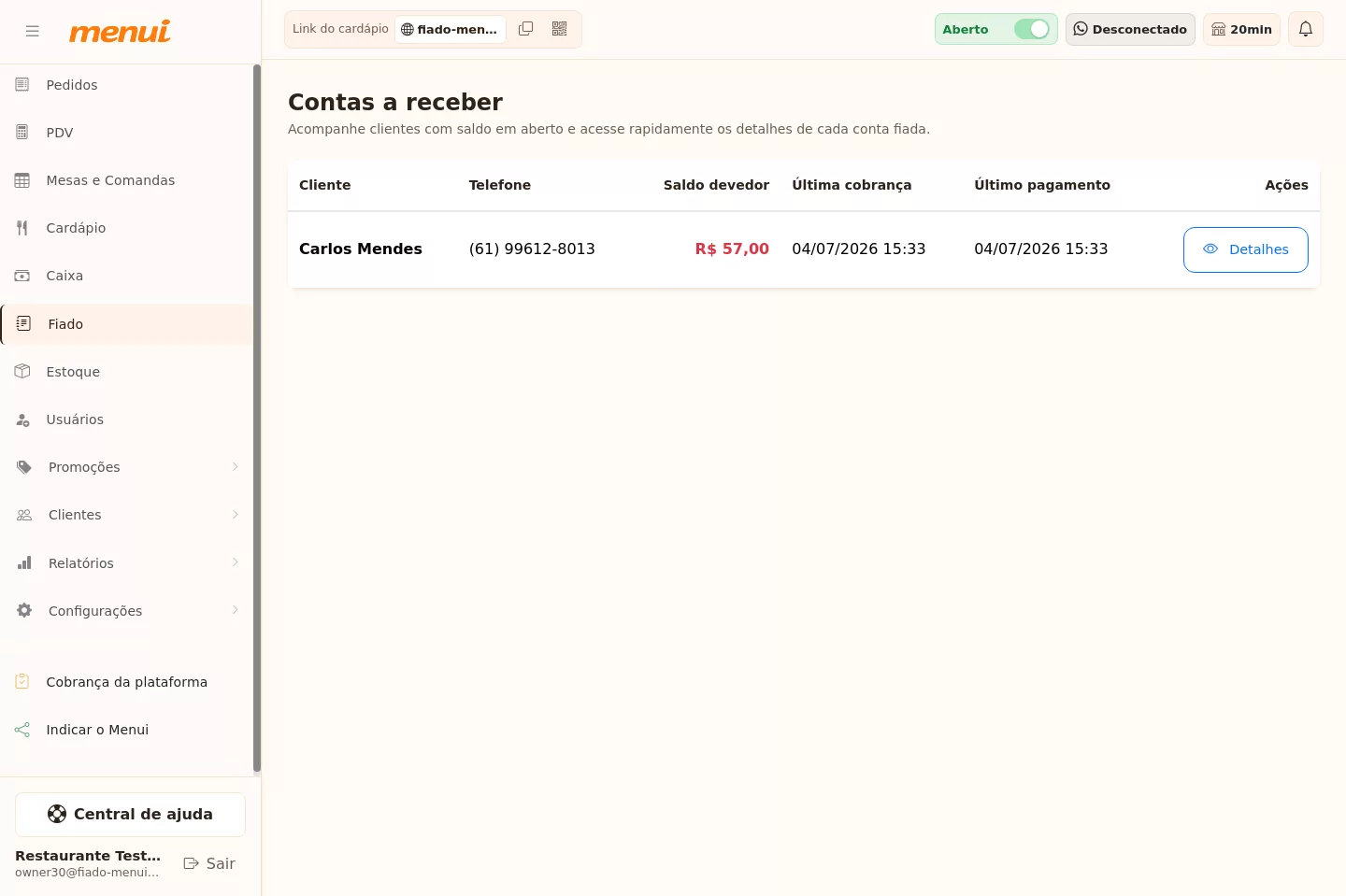 Lista de contas a receber do Fiado no Menui