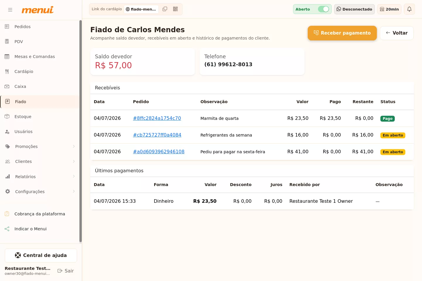 Detalhe da conta fiada de um cliente no Menui