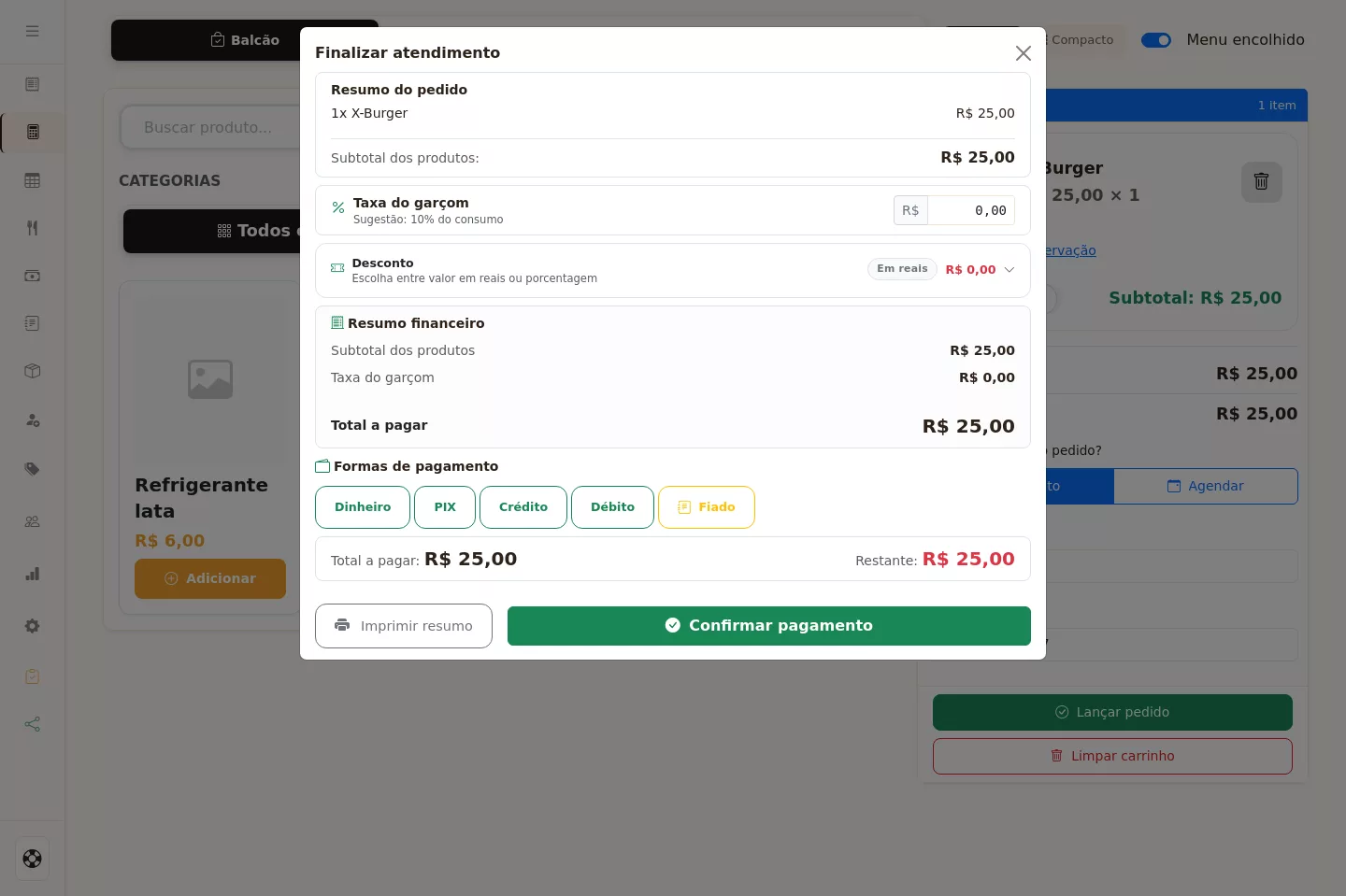 Opção de Fiado na tela de pagamento do PDV no Menui