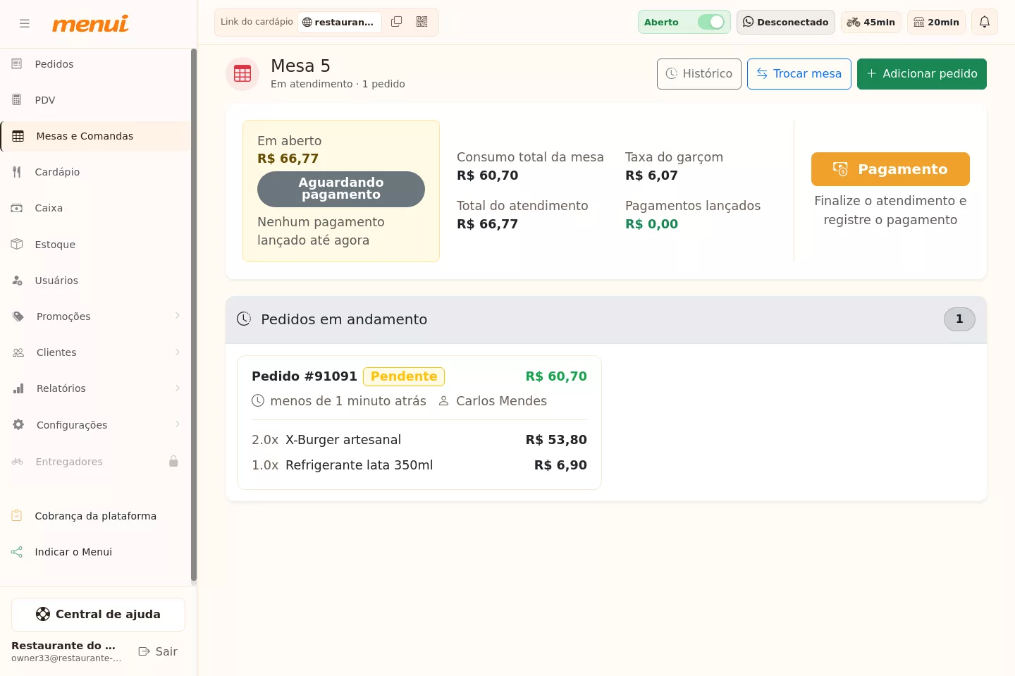 Detalhe da mesa com pedidos e consumo total