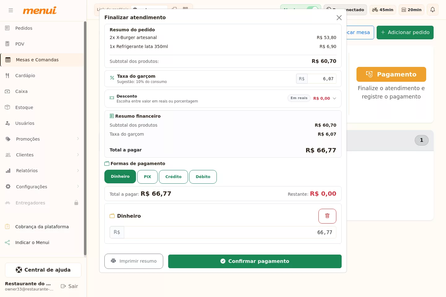 Janela de pagamento da mesa