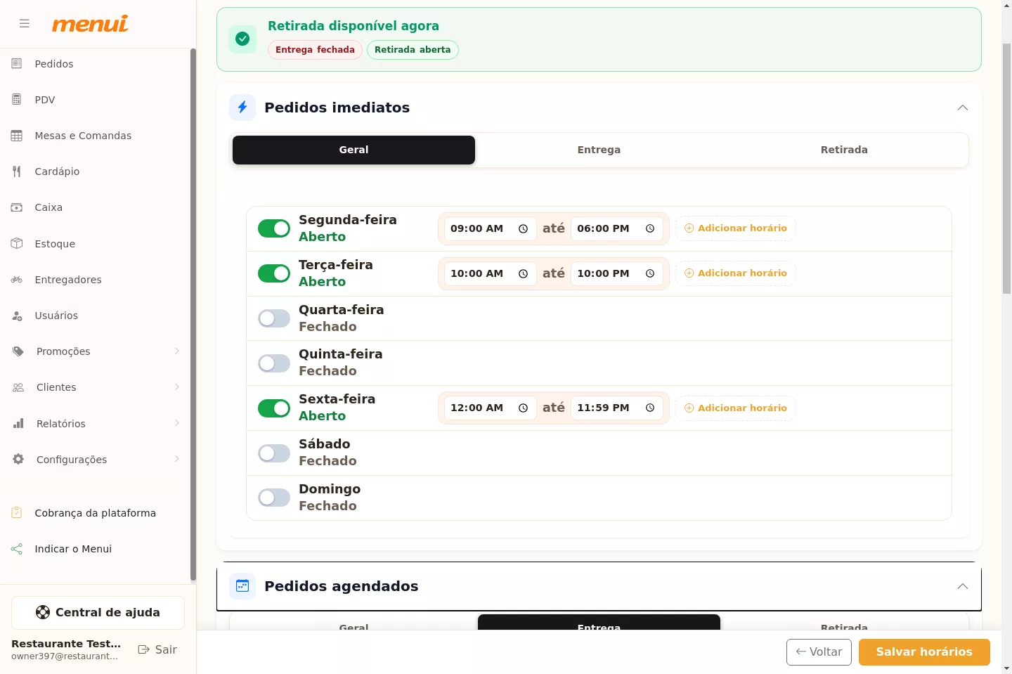 Configuração de horários agendados por tipo no Menui