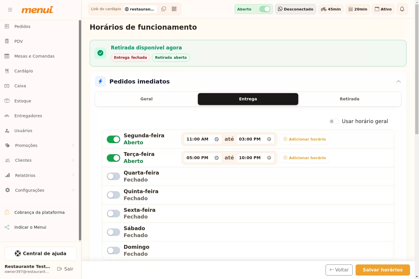 Horários por tipo de atendimento no Menui