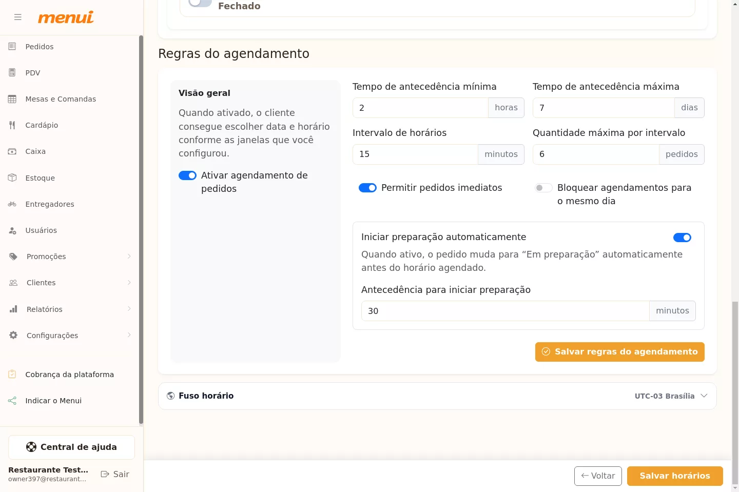 Regras do agendamento no Menui