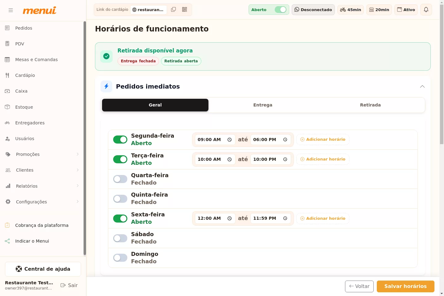 Visão geral da tela de horários de funcionamento no Menui