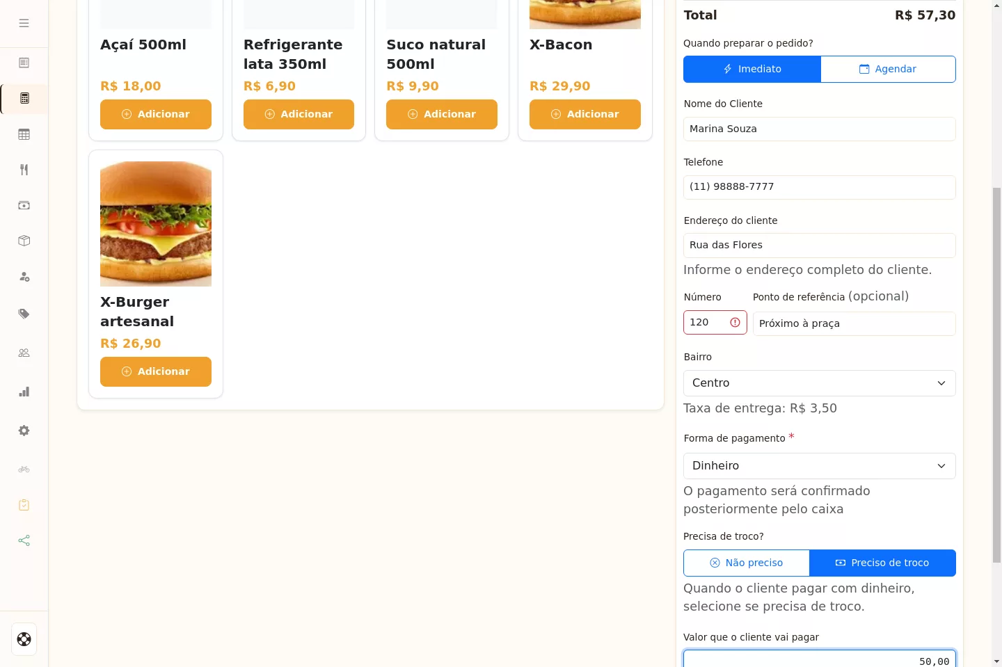 Pedido de delivery preenchido no PDV