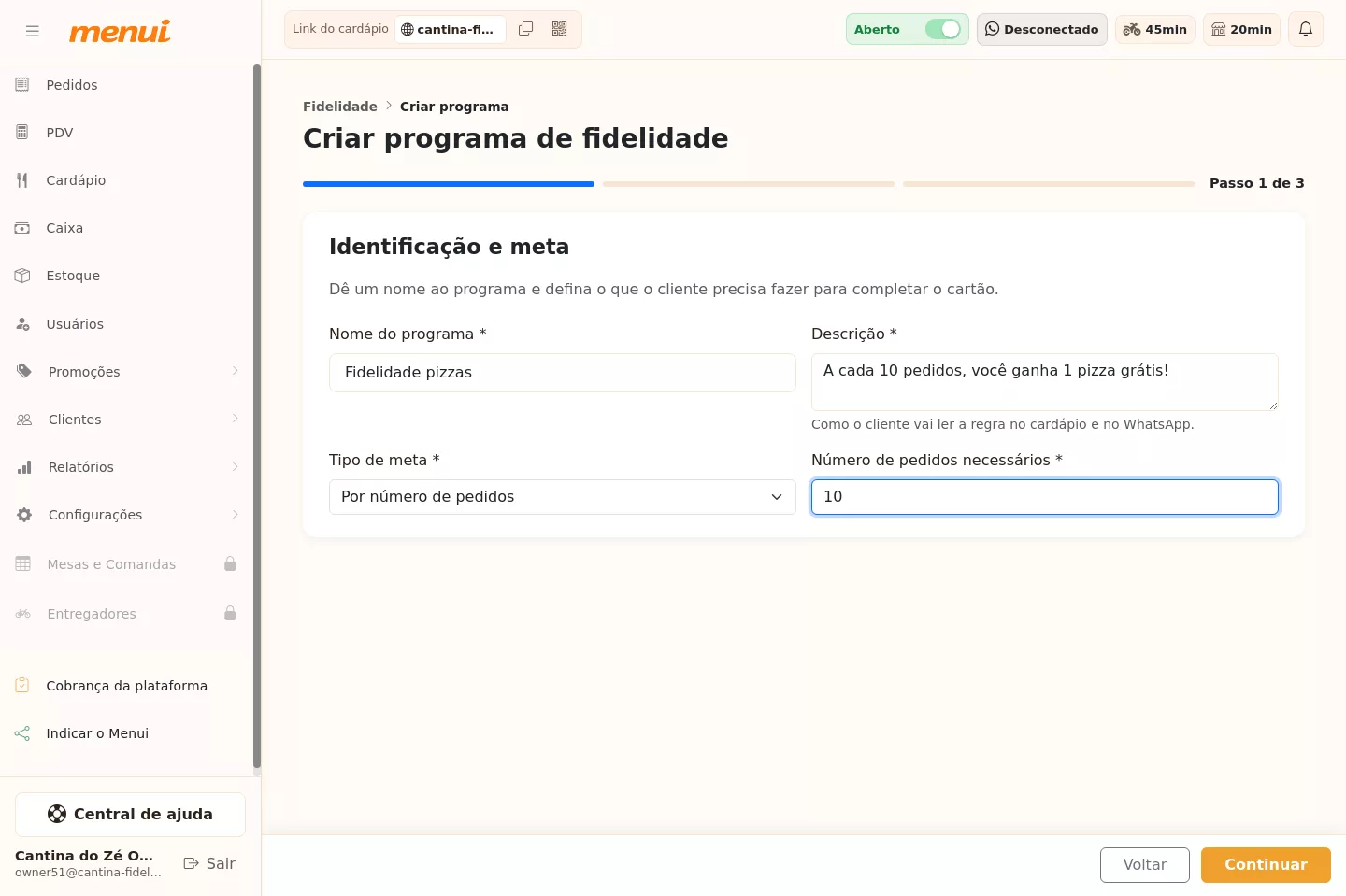 Configuração da meta do programa de fidelidade