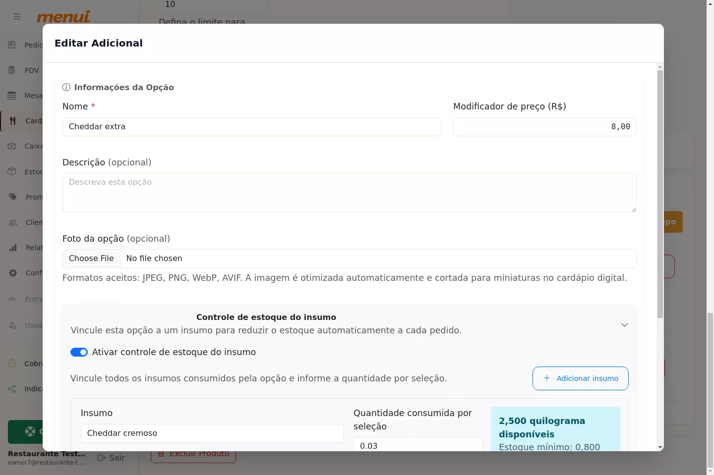 Ativação do controle de insumo na opção do produto