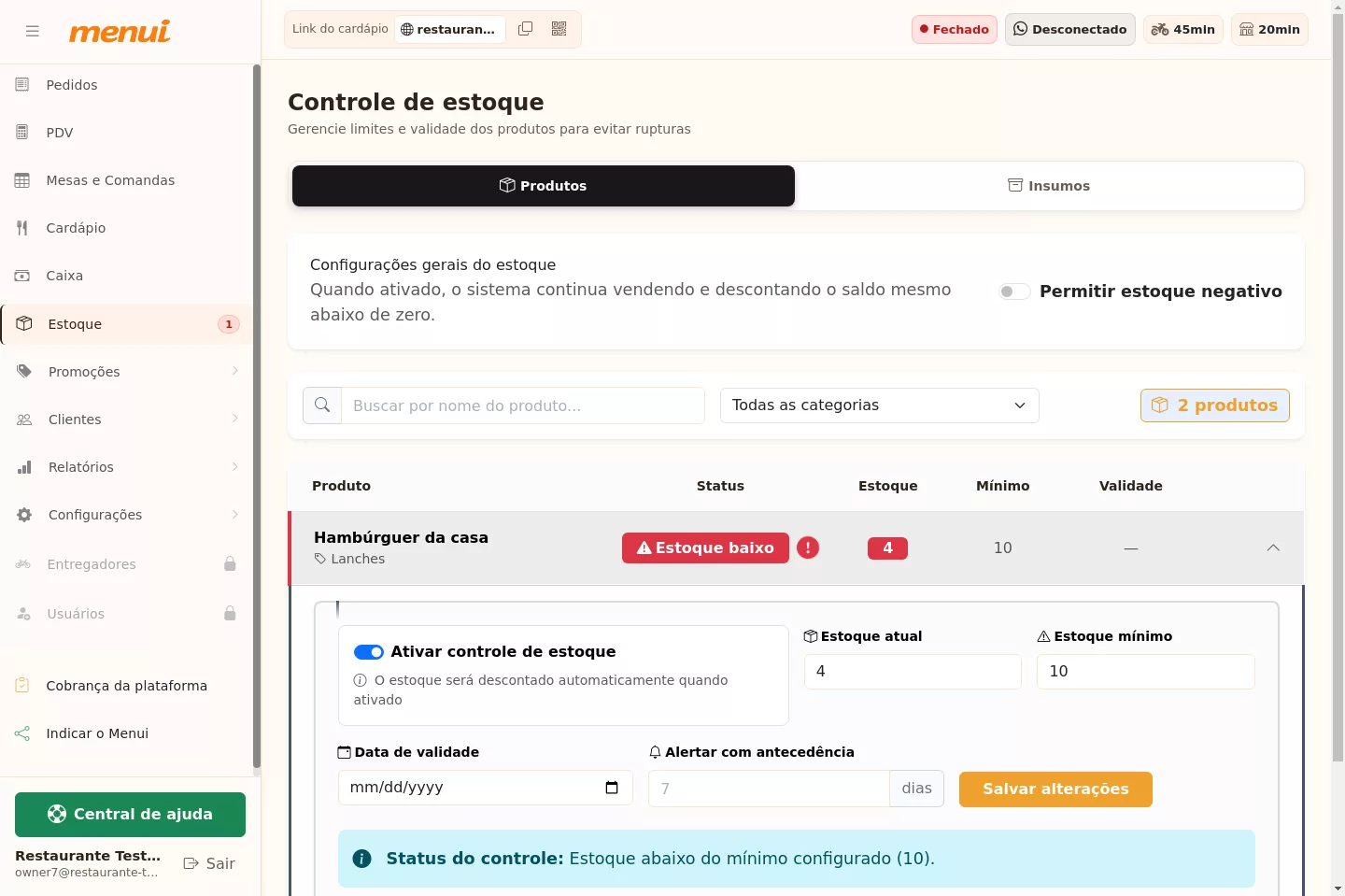 Tela de controle de estoque dos produtos