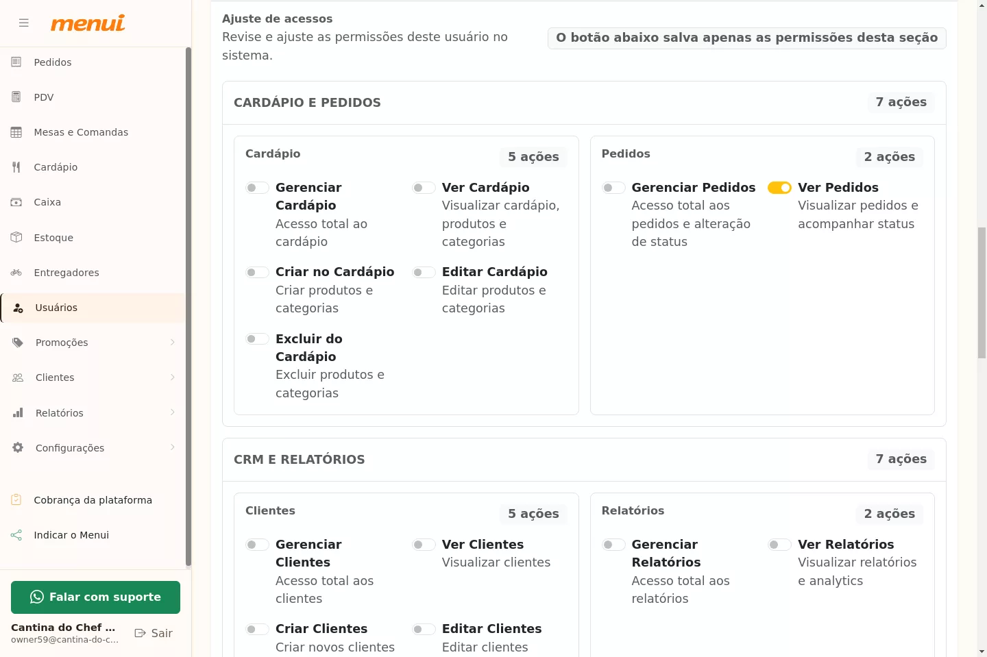 Configuração de permissões do usuário